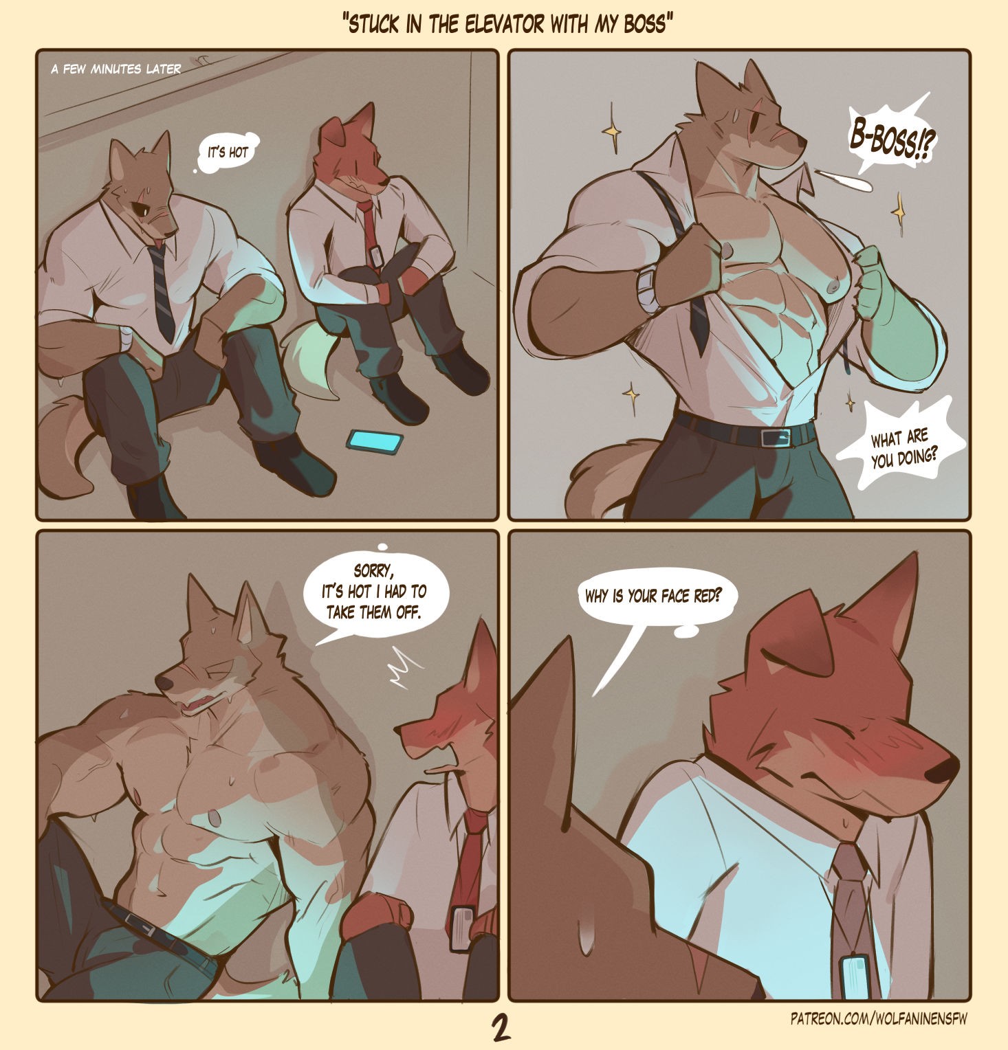 Stuck in the elevator with my boss 2 - By @wolfaninensfw on Itaku