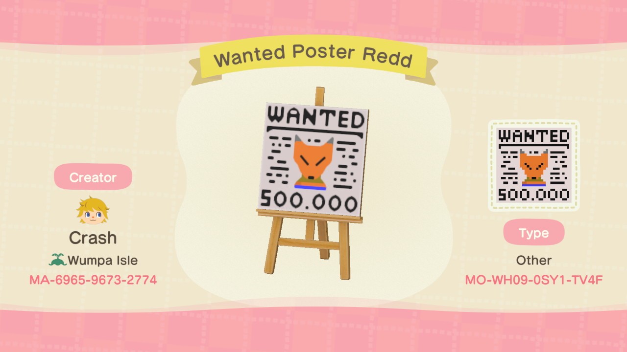 ACNH Wanted Poster Redd (Wumpa Isle) By minochu96 on Itaku