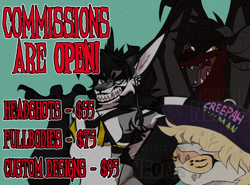 Commissions Are Open! - By @cryptidneons on Itaku