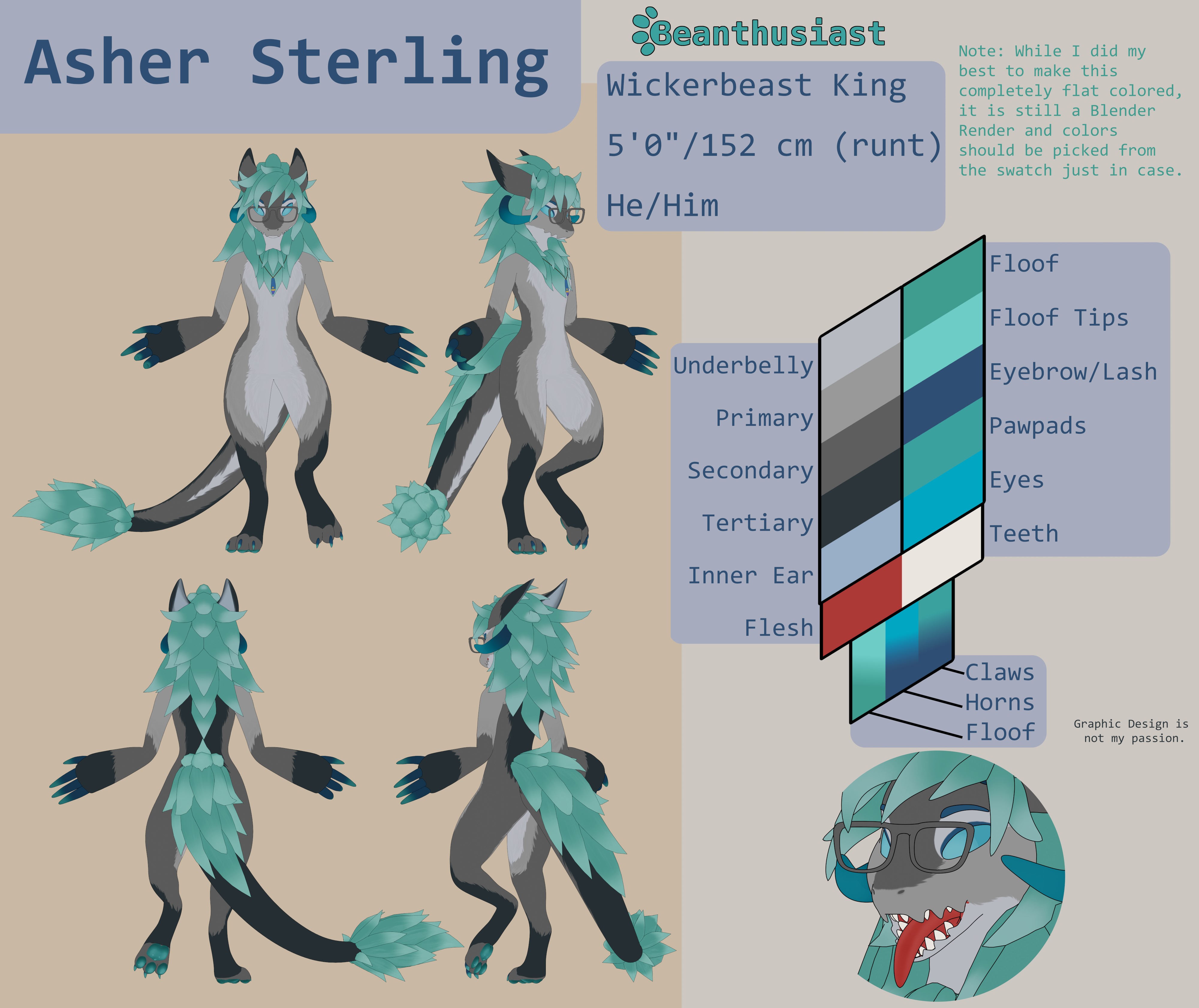 Asher 3D Ref Sheet - By @beanthusiast on Itaku