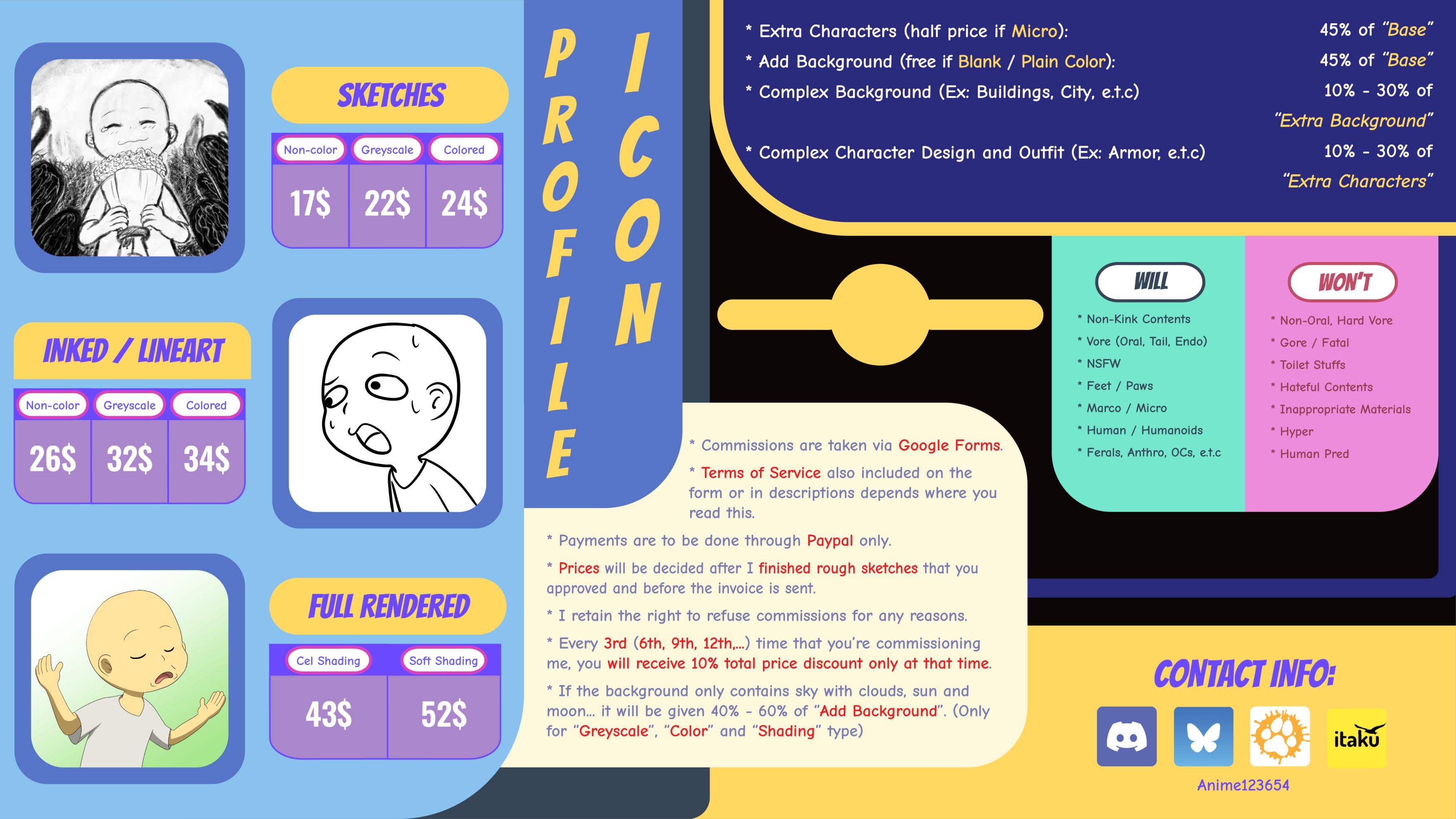 Commissions Price Sheet V2 (Profile Icon Ver) - By @anime123654 on Itaku