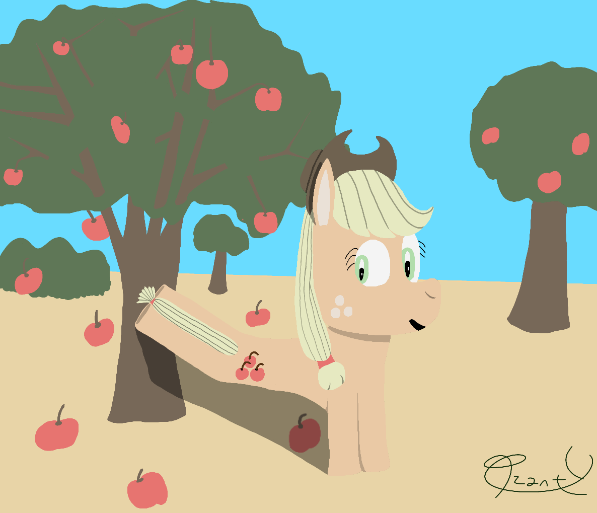 Applejack kicking an apple tree - By @planty on Itaku